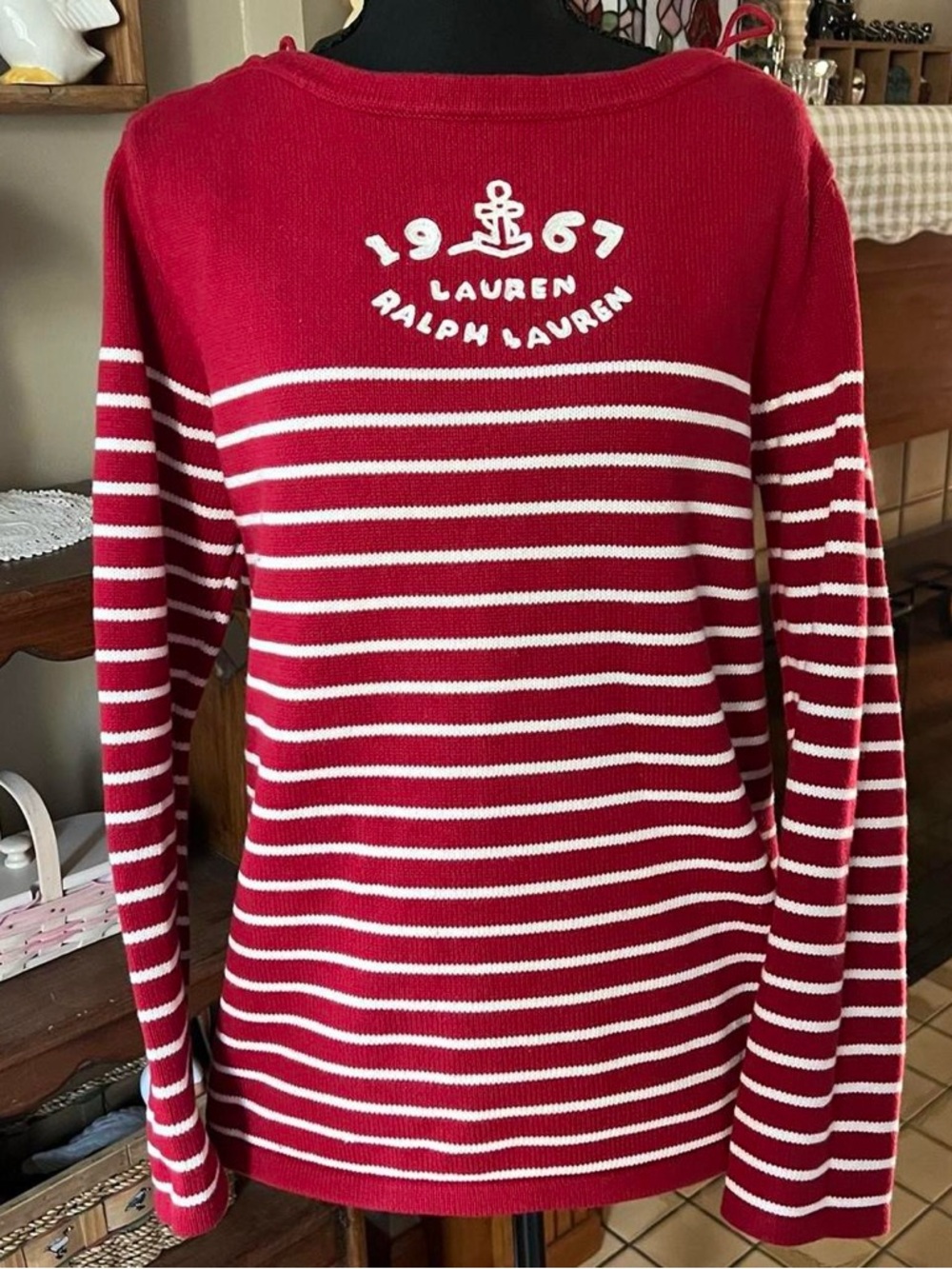 Ralph Lauren Red and White Striped Embroidered Tie Shoulder Sweater